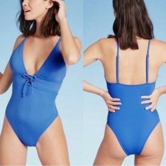 NWT Shade & Shore Lace-up Riviera Blue One-Piece Swimsuit, Size S - Picture 3 of 3